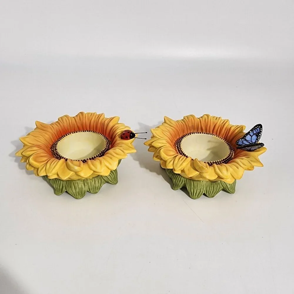 Sunflower Shaped Ceramic Candle Holders With Ladybug Butterfly Accents Partylite